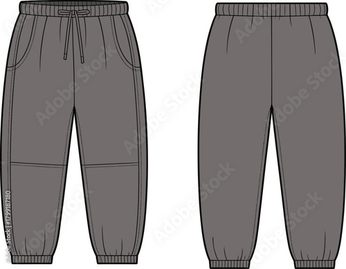 Jogger pants vector template front and back view, casual sweatpants fashion illustration, detailed apparel design mockup for clothing designers
