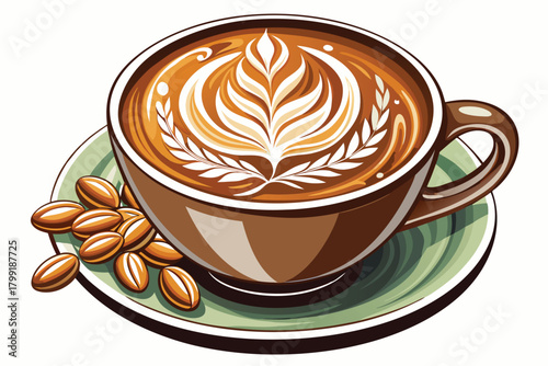 Stylized latte art within brown coffee cup rests on green saucer near beans