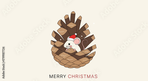 Adorable Little Mouse Wearing Santa Hat Peeking Out from a Cozy Winter Pinecone Nest Illustration