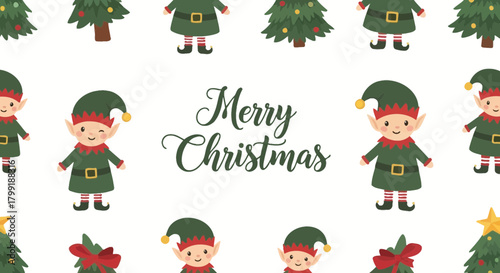 Festive holiday pattern background with cute Christmas elves and decorated evergreen trees vector