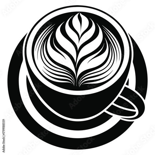 Intricate monochrome line work displays floral coffee art within a cup and saucer