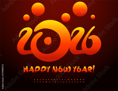 Vector Flaming Greeting Card Happy New Year 2026! Playful Burning Font. Fire style Alphabet Letters and Numbers set.