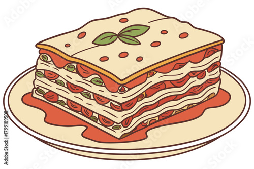 Delicious lasagna, layered with pasta, tomato sauce, cheese, and basil, rests on plate