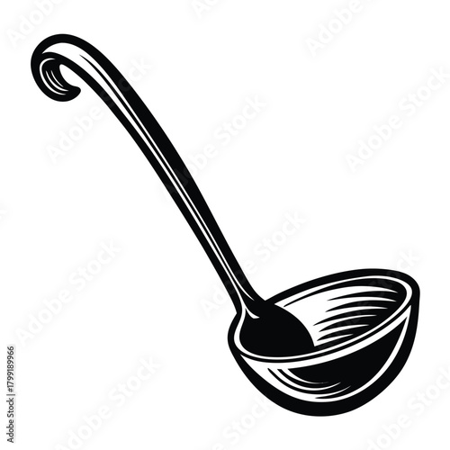 Intricate monochrome ladle drawing shows vintage kitchenware with precise lines and bold contours