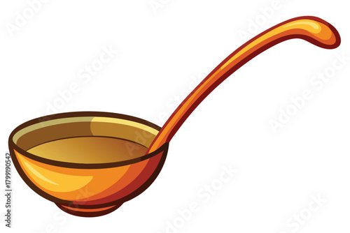 Cartoon drawing illustrates a golden brown ladle holding liquid over an isolated background