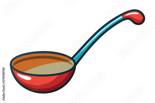 Single red cartoon soup ladle with teal handle is displayed on white background