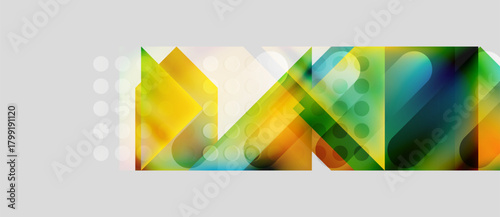 Abstract geometric shapes overlap, creating vibrant color gradients. Design features yellow, green, orange hues with subtle white accents.