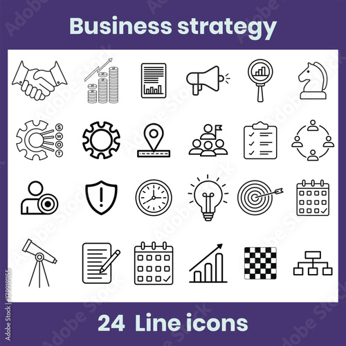 Clean 24-icon line set featuring business strategy elements such as growth, planning, leadership, teamwork, research, analytics, goals, productivity, innovation, and management. Ideal for apps, web.