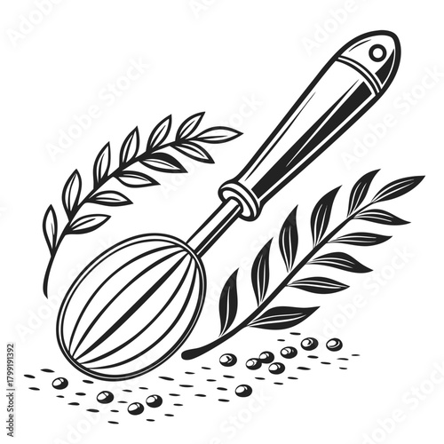 A monochrome cooking whisk is beautifully framed by leaves and peppercorns around it