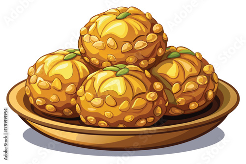 A stack of golden Indian sweets decorated with green leaves sit on a plate