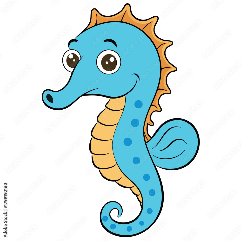 Fototapeta premium Cartoon Style Smiling Seahorse, Blue Body, Orange Mane, Isolated on White Background