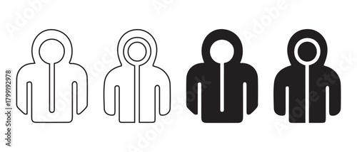 Minimalist hooded figure outline and solid icon set vector art.