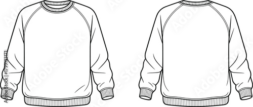 Professional sweatshirt fashion flat sketch, detailed CAD garment template, vector technical drawing for apparel design, pullover clothing illustration for designers