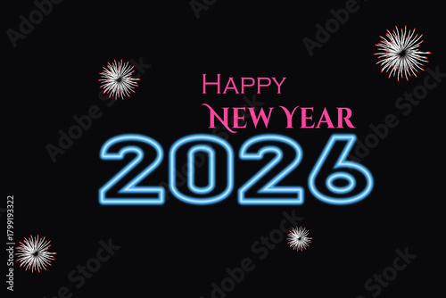 Happy New Year 2026 celebration with bright colorful fireworks illustration and gold stars design