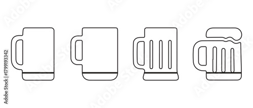 Outline vector icons of various mugs, cups, and beer steins set.