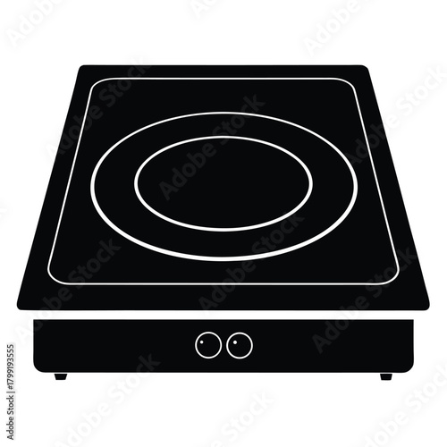 The black induction cooker features a square design with concentric circles on its upper surface