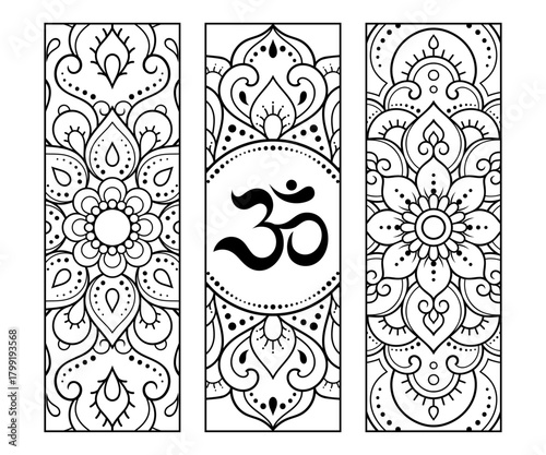 Printable bookmark for book - coloring. Set of black and white labels with flower patterns, hand draw in mehndi style. Sketch of ornaments for creativity of children and adults with colored pencils.