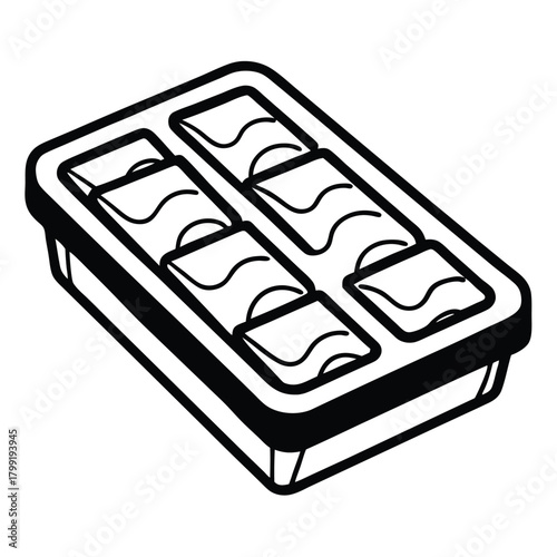 Black and white icon shows container holding partially frozen liquid in a grid