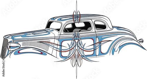 Classic car illustration with detailed artistic pinstriping design