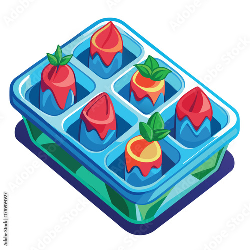 Cartoon ice cream in blue tray with red topping and green mint leaves look cool