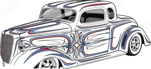 Classic car illustration with detailed custom paintwork isolated on black background