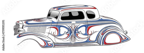 Classic car illustration with detailed decorative design on black background