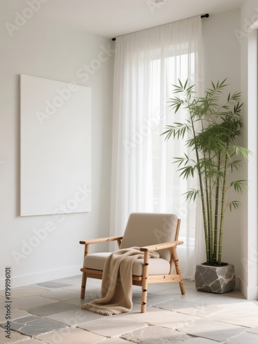 Minimalist living room with wooden armchair, bamboo plant and soft natural light