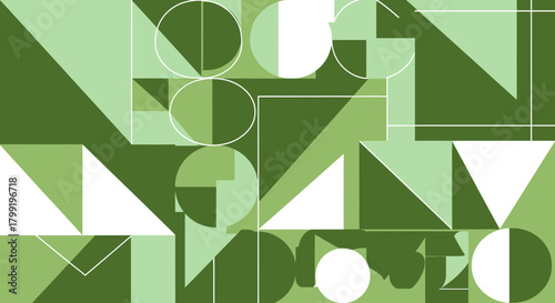 Abstract geometric vector pattern with various overlapping shapes in shades of green