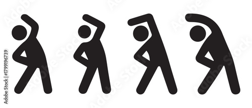 Stick figures performing side bend stretches on white background.