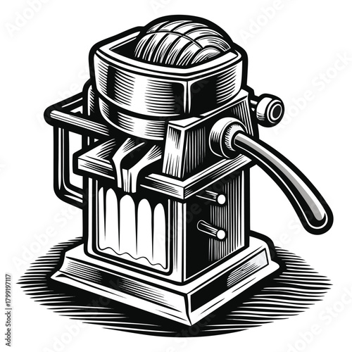 Detailed monochrome press shows a fruitfilled container with a curved crank, casting artistic shadows