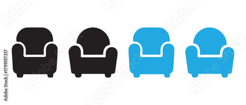 Modern armchair icon set. black and blue comfort furniture symbol.