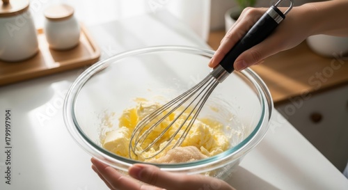 Grab a glass bowl containing sugar and butter and mix using a whisk.