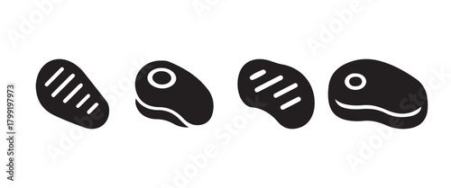 Set of various meat and steak outline icons on white background.