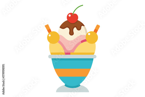Cartoon ice cream sundae with cherry sits prettily in a striped teal dish