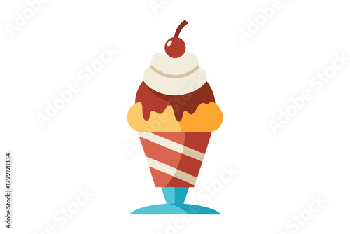 A delectable sundae boasts chocolate sauce, vanilla cream, and a cherry on top