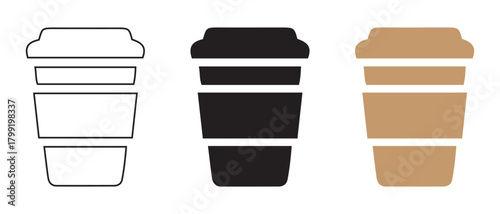 Disposable coffee cup icons set. outline, solid black, and brown.