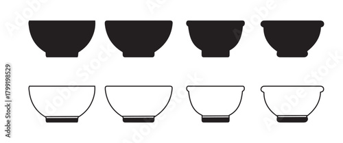 Set of eight varied bowl icons, silhouette and outline design.