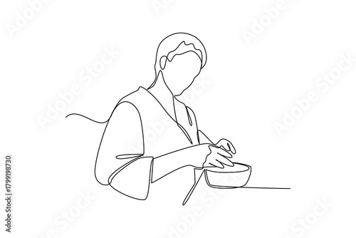 Simple continuous line draw of morning activity, woman making food. All about morning activity minimalist concept, simple line, creativity designer. Vector, Designer.