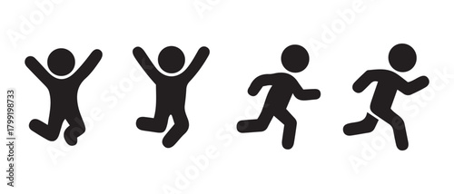Happy jumping and fast running stick figures line art icon set.