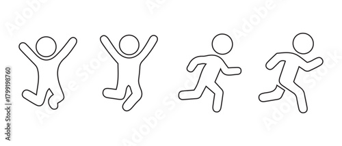Happy jumping and fast running stick figures line art icon set.