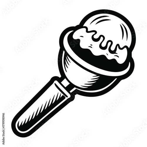 Black and white illustration depicts a scoop of ice cream, outlined against a white backdrop