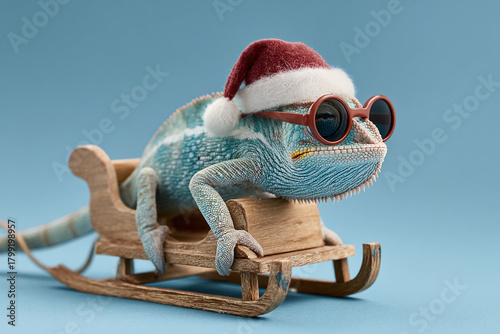 A festive chameleon wearing a santa hat and sunglasses rides in a wooden sled against a blue background