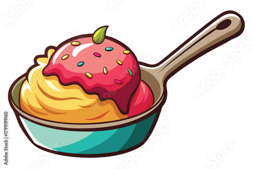 Delicious treat displays red and yellow ice cream inside a spoon bowl with sprinkles