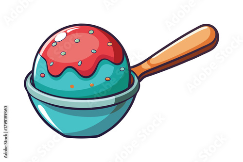 Cartoonish ice cream scoop holding turquoise ice cream with red syrup and sprinkles