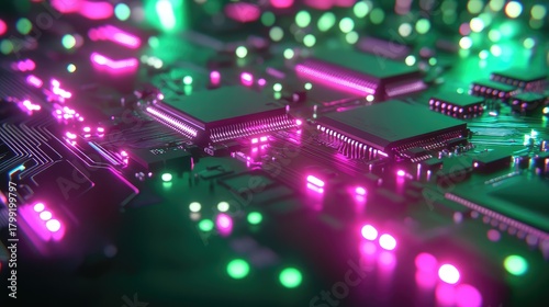 Glowing microchip circuit board with neon lights and data flow