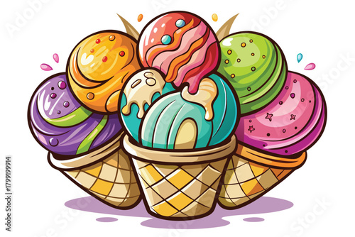 Cartoon shows five ice cream cones with varied, brightly colored scoops placed together