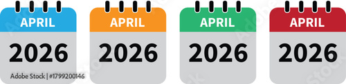 april 2026 calendar in four different colors. 2026 APRIL calendar icon set in colorful . april month flat calender icon set isolated on white background..