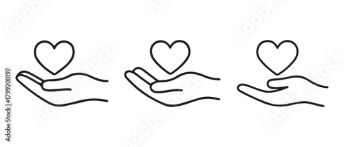 Line art hands holding hearts, conveying care, love, and giving.