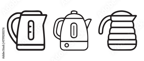 Electric kettle icon set. home kitchen appliance line art design.