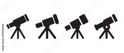 Four simple telescope icons for astronomy, research, and discovery.
